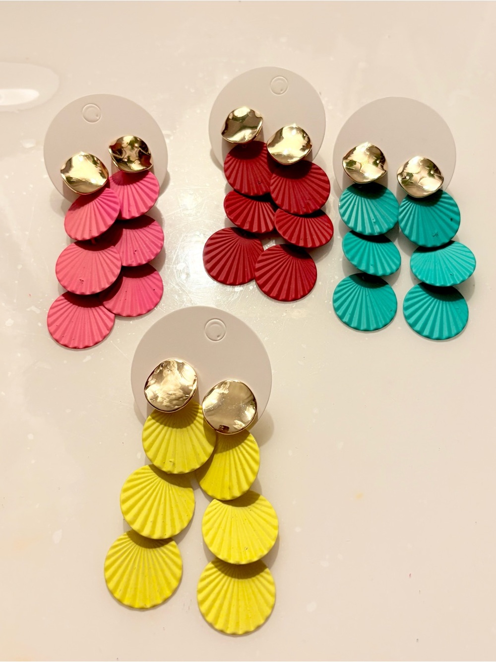 Lot of 4 Pairs Bold Layered Shell Drop Earrings - Pink, Red, Teal, Yellow